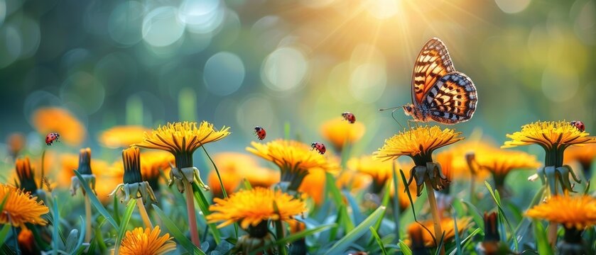 Fototapeta Eco background with dandelions blooming on a green lawn, butterfly, ladybugs sipping on grass blades, panoramic banner and sun rays in spring or summer
