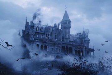 A castle with billowing smoke, suitable for various concepts