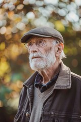 Portrait of an older man wearing a hat and glasses, suitable for various concepts and designs