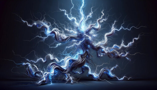 Abstract 3d rendering lightning strike on dark background.