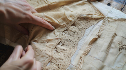 A person is delicately feeling the soft beige lace fabric