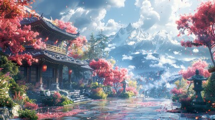 Ingenious Japanese Courtyard Landscape on a Bright Day. Concept Art. Realistic Illustration. CG...