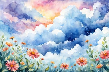 Dramatic clouds with fluffy textures fantasy style with flowers and leaves floating in air, watercolor illustration painting, nature Lo-fi style, clouds sky landscape - obrazy, fototapety, plakaty