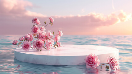 Podium background flower rose product pink 3d spring table beauty stand display nature white....