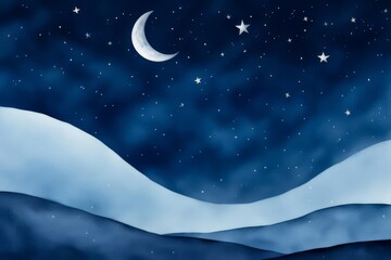 A minimalist lunar landscape with crescent moon and stars watercolor painting, scene landscape, night time sky, celestial