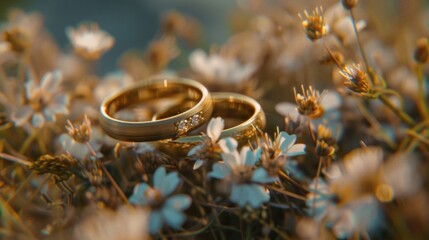 Obraz na płótnie Canvas Wedding rings placed on a beautiful field of flowers. Perfect for wedding invitations or jewelry ads