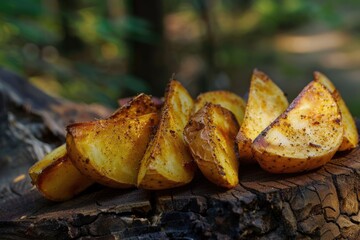 A pile of potatoes sitting on a piece of wood. Suitable for food and agriculture concepts