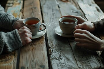 A cozy scene of two individuals enjoying tea together. Perfect for lifestyle blogs or social media...