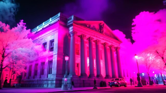 A towering high-rise building in the city illuminated by a prominent red light on its top, Infrared thermal look of a hot stock market, AI Generated