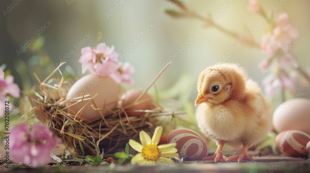 Poster small chicken standing near a nest full of eggs. suitable for various farm and nature concepts