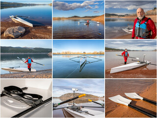 collection of images from winter rowing on lakes in northern Colorado featuring the same senior male rower wearing a drysuit