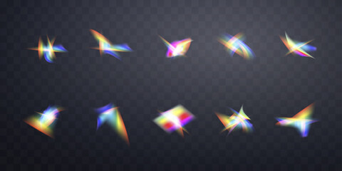 Blurred rainbow refraction overlay effect set. Light lens prism effect on  background. Holographic reflection, crystal flare leak shadow overlay. Vector abstract illustration.