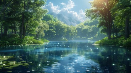 Fototapeta premium Backdrop for Video Game CG Artwork Background. Nature Scenery. Fantasy Forest Pond. Concept Art. Illustration. Realistic Illustration.