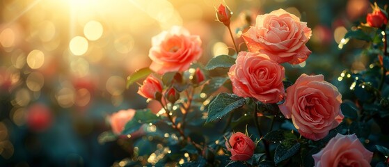 Fantasy amazing nature dreamy landscape with a blooming rose flower in a wonderful garden in a...