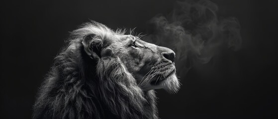 A black and white profile portrait of an African lion, a magnificent dramatic king of animals, proudly looking forward to the future. A black and white flash banner with copy space. - obrazy, fototapety, plakaty