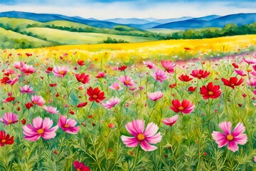 Obraz premium Watercolor painting of vibrant cosmos swaying in the breeze, clipart, landscape scene countryside