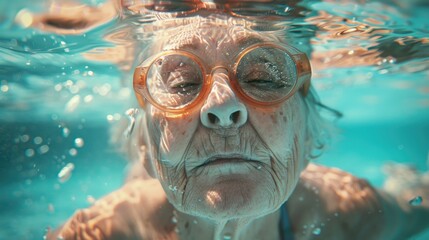 Fototapeta premium An older woman wearing goggles swimming in a pool. Suitable for health and fitness concepts