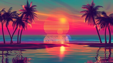 Beautiful retro neon sunrise with a big sun and palm trees with a large lake with a reflection in high resolution and high quality. retro concept,wallpaper,neon