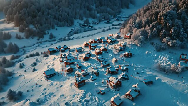 A birds-eye view of a village nestled amidst snow-covered mountains, depicting the winter landscape and architecture, An aerial view of a snow-covered village tucked in a valley, AI Generated