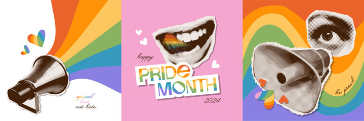 Set of three square posters for pride month with rainbows and hearts in trendy halftone collage style. Mouth, eye, loudspeakers torn out paper stickers. Vector vintage illustration,