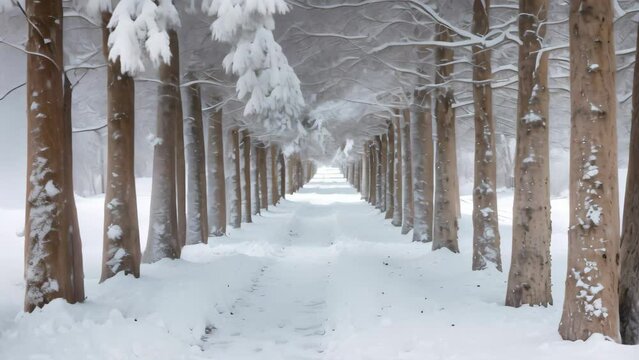 A path covered in snow winds through a dense forest, with tall trees lining either side, An alley of fir trees glazed with snow in a winter park, AI Generated