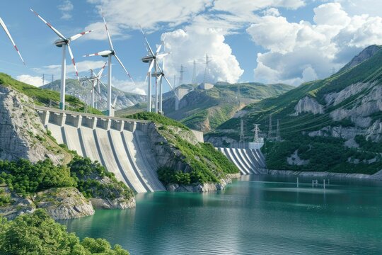 dam on the river with windmill spinning wind turbines on the eco farm. Energy concept