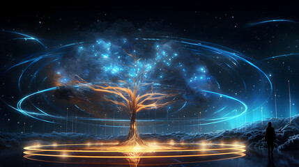 Enigmatic cosmic tree with luminescent spirals: A surreal digital art spectacle