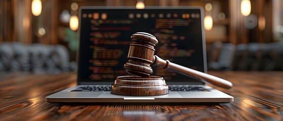 Cyber Law Authority: Gavel on Laptop with Code. Concept Cyber Law, Digital Regulation, Online Jurisdiction, Information Security, Legal Compliance - obrazy, fototapety, plakaty