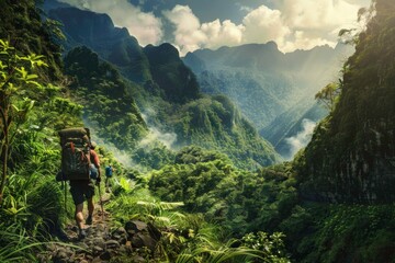 Rearview man enjoying hiking in lush jungle with backpack on the mountain
