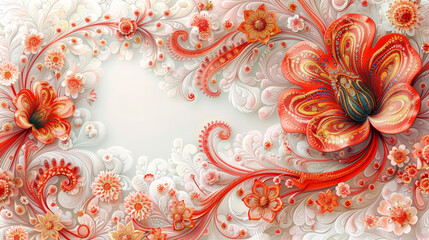 A Indian vibrant paisley red and white floral pattern, elegantly spread across a pristine white canvas, exuding simplicity and grace.