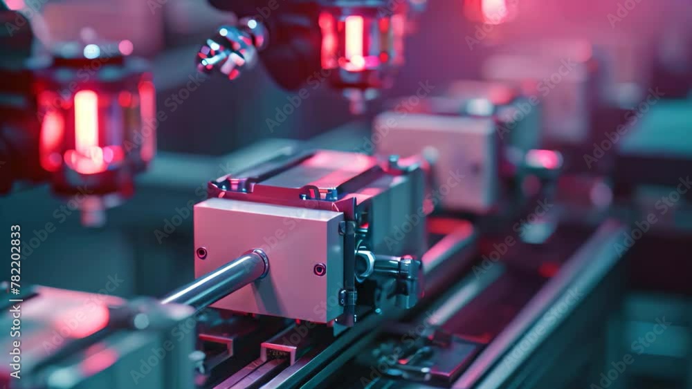 Poster A machine with various red lights is seen in an industrial setting, An assembly line of blocks representing blockchain, AI Generated