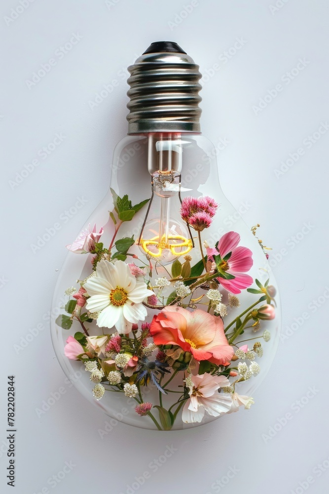 Poster a unique light bulb with delicate flowers inside, perfect for creative concepts