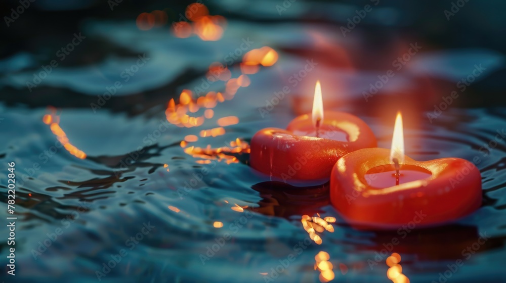 Poster Two red candles floating on top of a body of water. Ideal for relaxation and meditation concepts