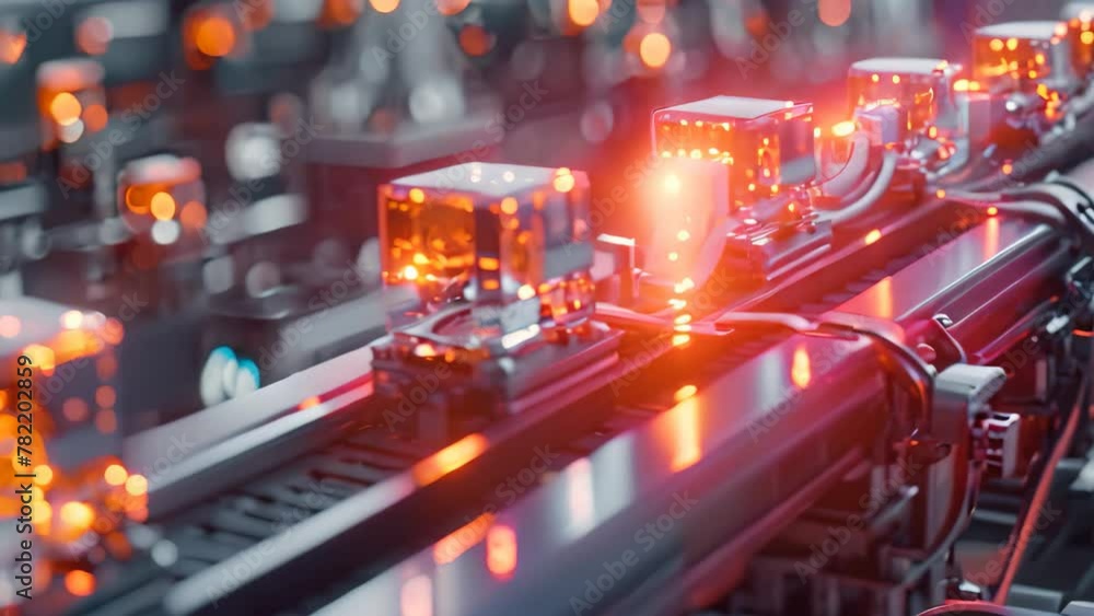 Poster a conveyor belt filled with numerous lightbulbs moving in a factory, an assembly line of blocks repr