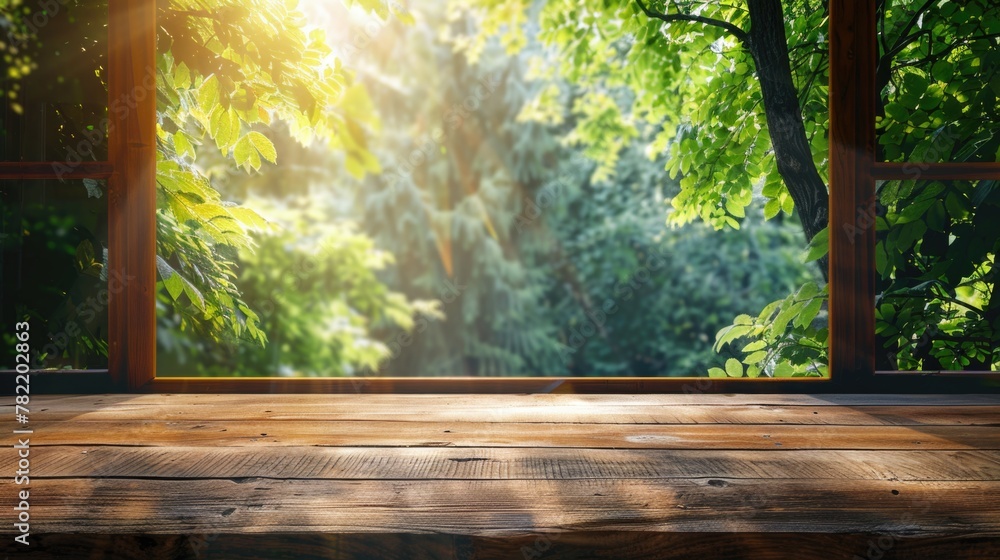 Poster simple wooden table in front of a window. perfect for home decor concepts