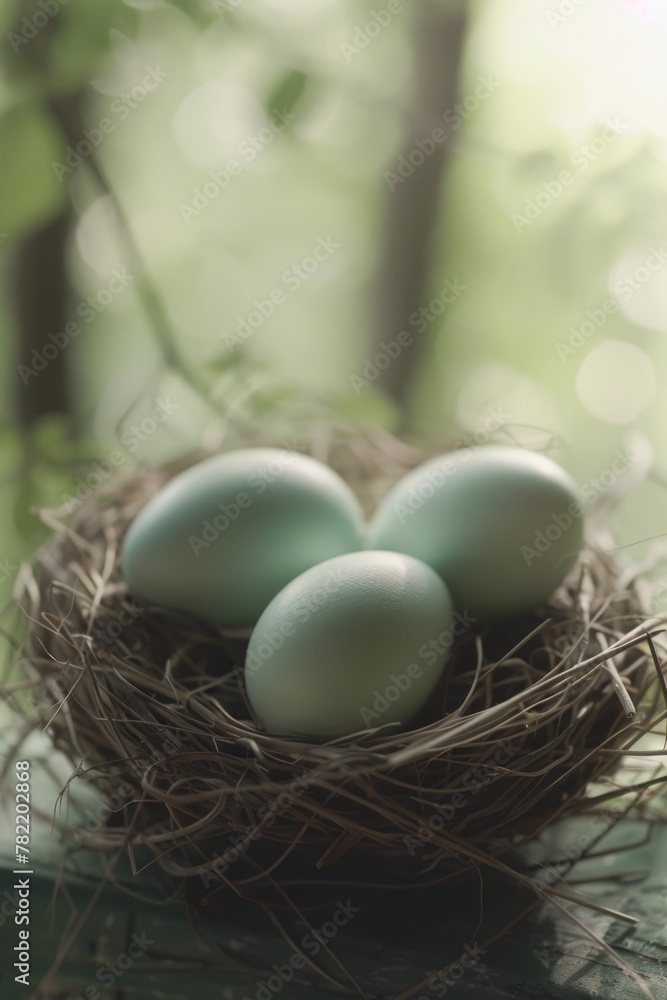 Poster three eggs in a nest on a table, suitable for food or nature concepts