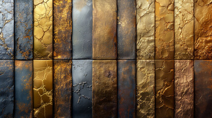 A luxurious blend of gold, silver, and copper panels, creating an elegant and richly textured metal...