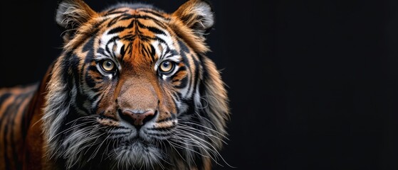 Stunning panoramic banner with panthera tigris and vacant copy space, tiger portrait isolated on black background