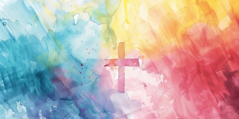 A watercolor painting of a cross on a vibrant rainbow background. Suitable for religious themes or spiritual concepts - obrazy, fototapety, plakaty
