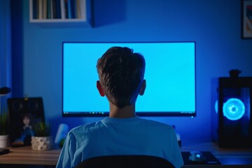 Display mockup from a shoulder angle of a teen boy in front of a computer with a fully blue screen