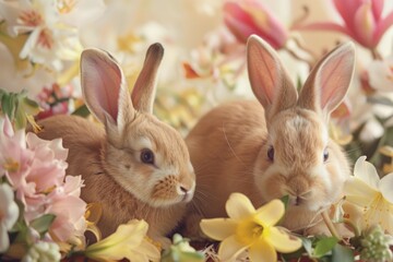 Two rabbits sitting in a basket of flowers. Ideal for Easter and spring-themed designs
