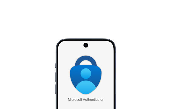 Microsoft Authenticator App logo is displayed on a modern smartphone, white background, fingerprint, face recognition, PIN, safety, security, prove account