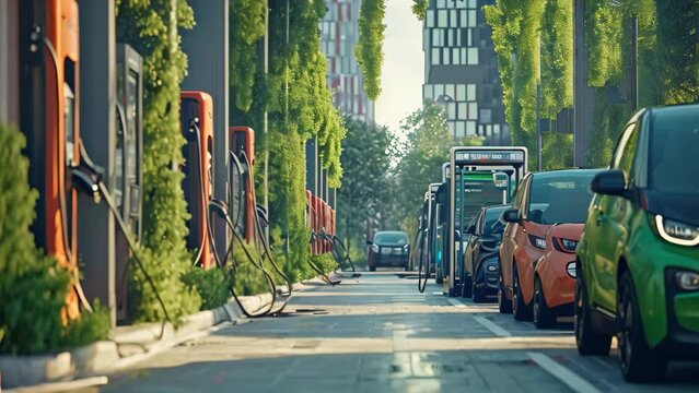 A row of electric cars parked next to each other at a charging station, ready to charge and reduce carbon emissions, An eco-friendly city full of electric vehicles and charging stations, AI Generated