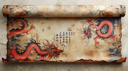 Illustration of an old paper scroll with ornamental dragons