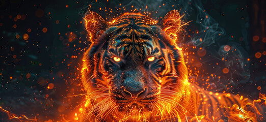 an orange tiger made out light and glowing fire, neon lights, cinematic lighting