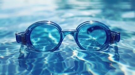 Goggles resting on the edge of a clear blue swimming pool. Suitable for summer vacation concepts - obrazy, fototapety, plakaty