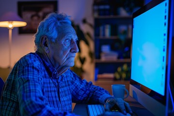 Fototapeta premium App demo near shoulder of a senior citizen man in front of a computer with an entirely blue screen