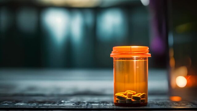 Orange Pill Bottle Resting on Wooden Floor, An empty pill bottle indicating misuse of prescription opioids, AI Generated