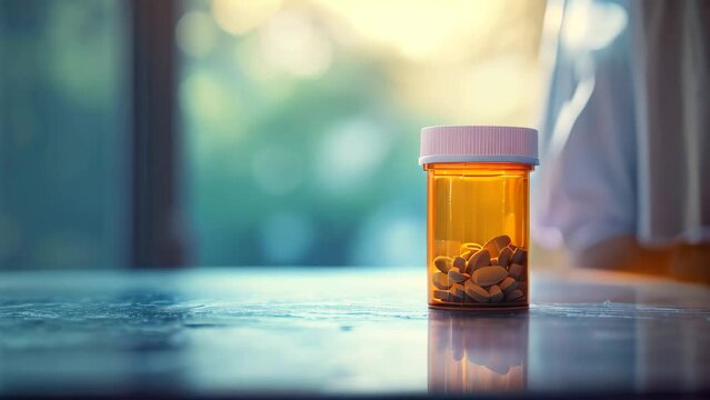 A bottle of pills is sitting on top of a rustic wooden table, An empty pill bottle indicating misuse of prescription opioids, AI Generated