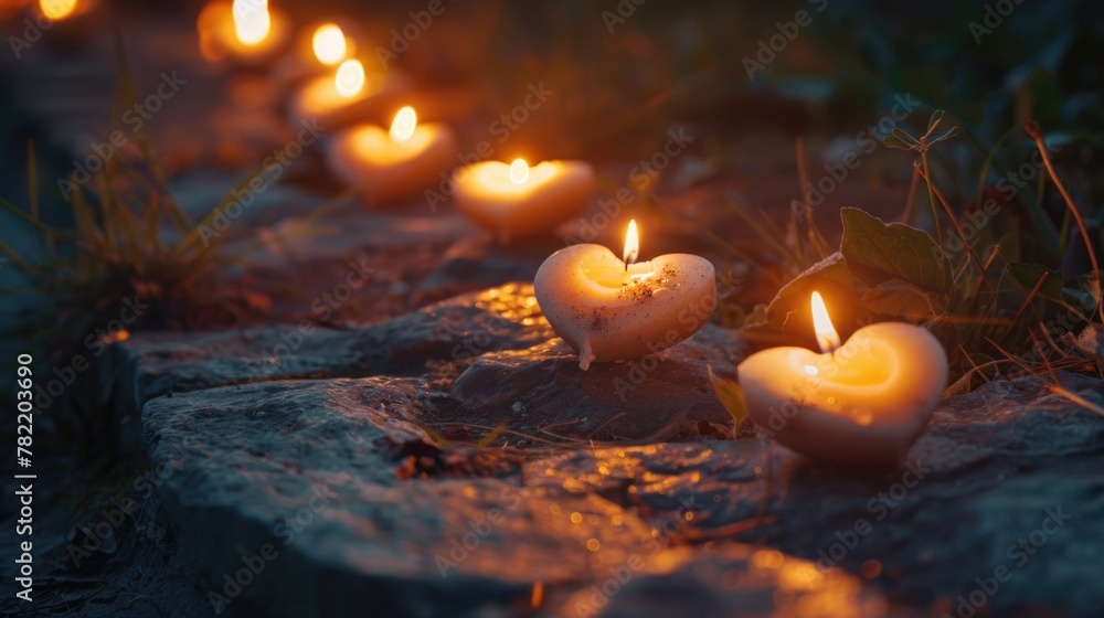 Poster A group of lit candles on top of a rock. Suitable for various themes and occasions
